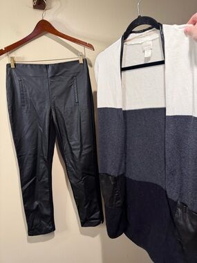 Chicos Matching Faux Leather Front Ponte Back Pants & open front cardigan XS / S